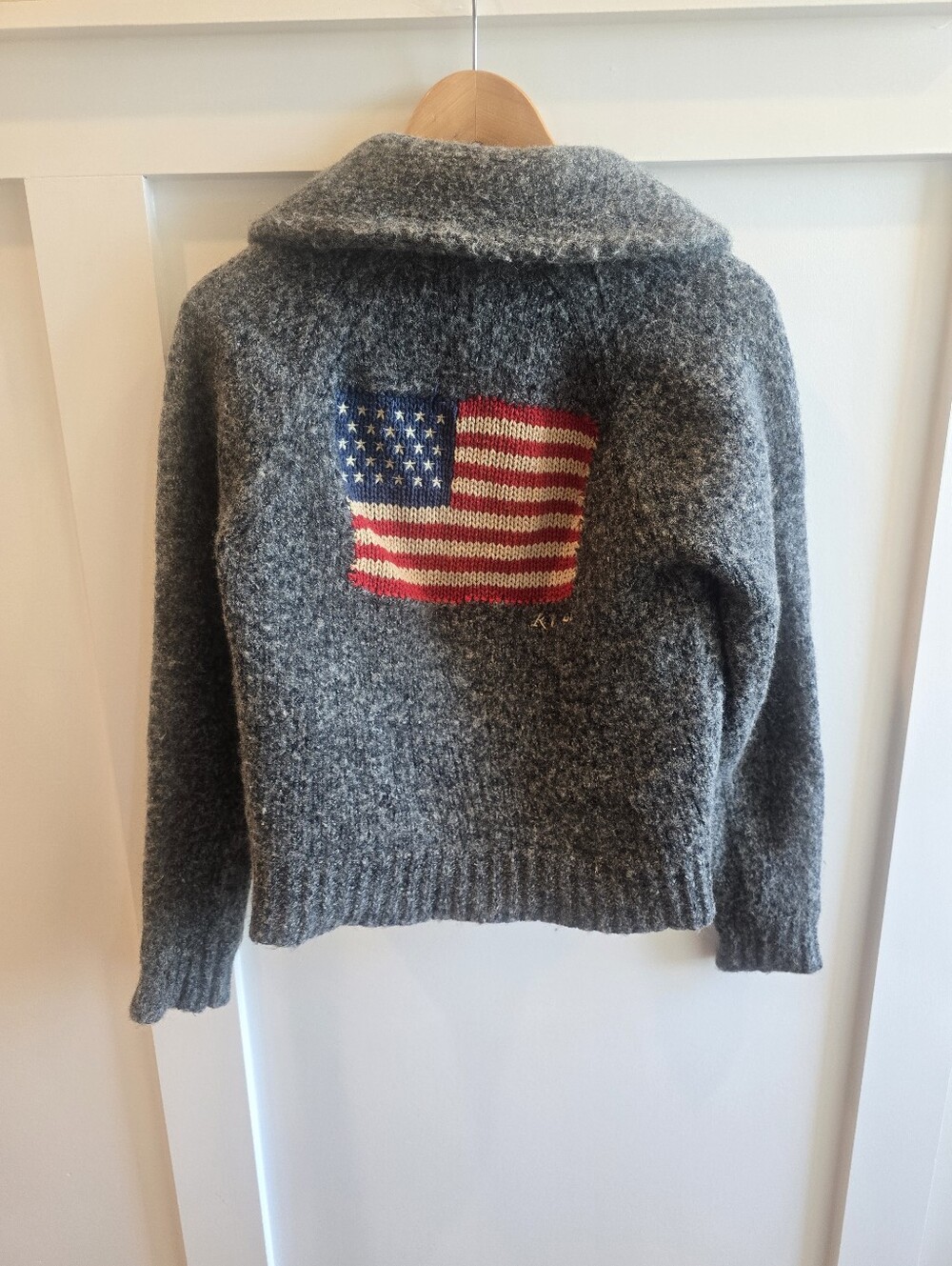Vintage Ralph Lauren Gray Women's Flag Knit Sweater Cardigan, Size Small
